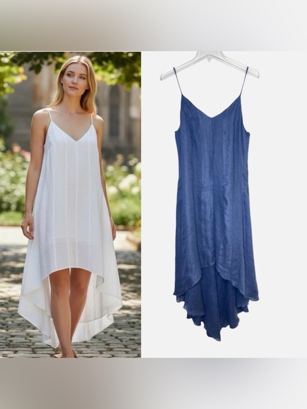 100% Capri Asymmetrical 100% Linen Dress  V-Neck Sleeveless Navy Blue Sz M